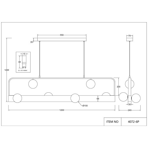 4072-6P, подвесная люстра, L1200xW240xH200/1200, 6xG9LEDx10W, excluded + LEDx18W, 700LM, 4000K, included Favourite