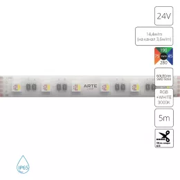 Светодиодная лента 24V 14,4W/m (на канал 3,6W/m) RGB+W 3000К 5м IP65 Arte Lamp AQUA TAPE A2406012-04-RGB3K