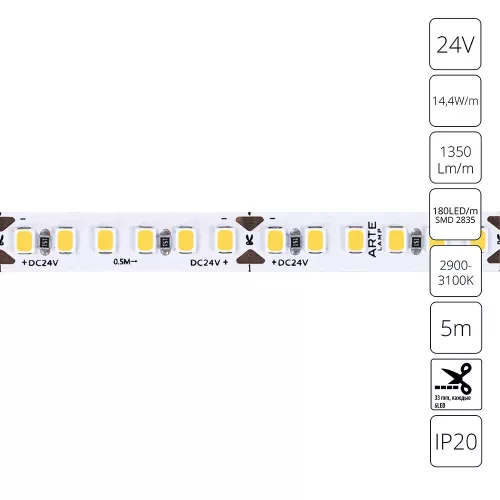 Светодиодная лента 24V 14,4W/m 3000К 5м Arte Lamp TAPE A2418008-01-3K