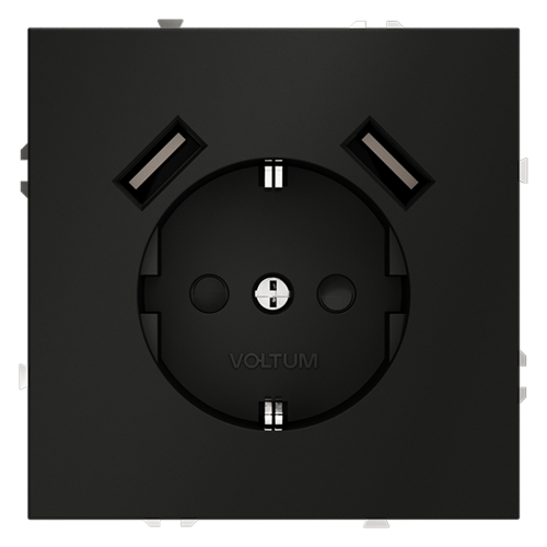 Розетка встраиваемая VOLTUM S70 с заземлением и защитными шторками, 16А, с USB, A+A, (черный матовый