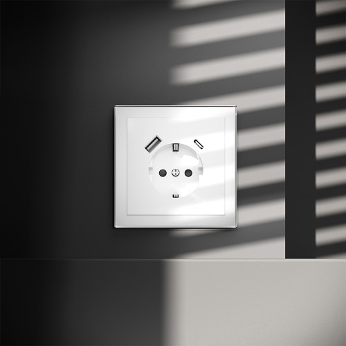 Розетка встраиваемая VOLTUM S70 с заземлением и защитными шторками, 16А, с USB, A+С, (белый глянцевы
