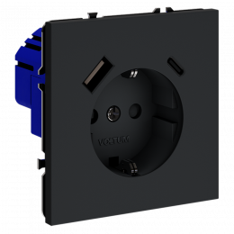 Розетка встраиваемая VOLTUM S70 с заземлением и защитными шторками, 16А, с USB, A+С, (графит)