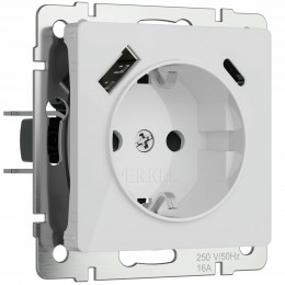 W1171741/ Розетка с заземлением, шторками и USB тип A+C (белый акрил)
